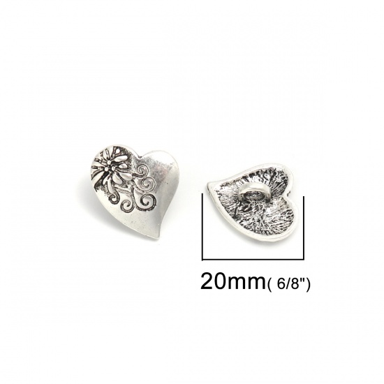Picture of Zinc Based Alloy Sewing Shank Buttons Heart Antique Silver Color Flower Carved 20mm x 17mm, 10 PCs