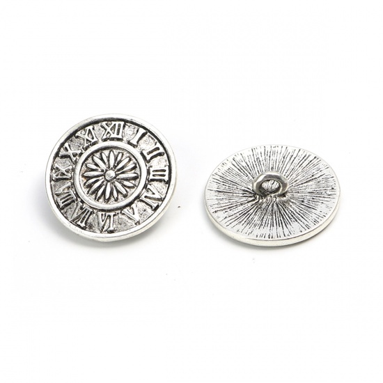 Picture of Zinc Based Alloy Sewing Shank Buttons Round Antique Silver Color Flower Carved 23mm Dia., 10 PCs