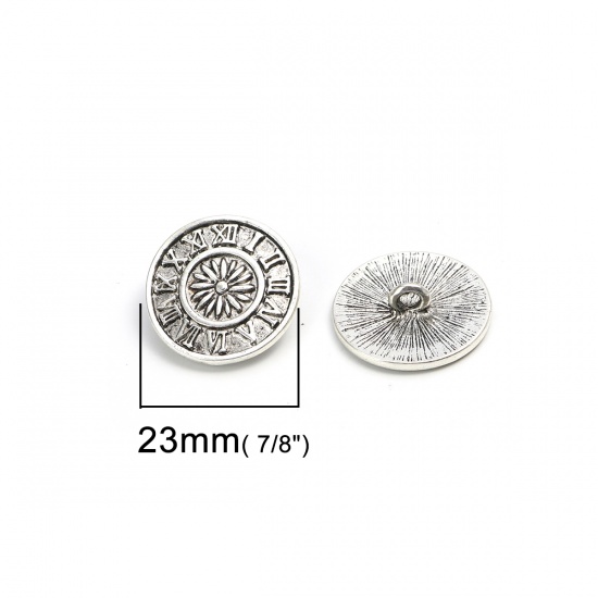Picture of Zinc Based Alloy Sewing Shank Buttons Round Antique Silver Color Flower Carved 23mm Dia., 10 PCs