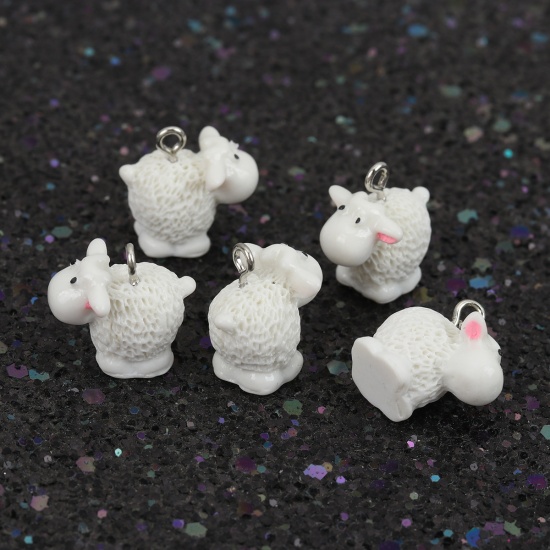 Picture of Resin Charms Sheep White 3D 19mm x 18mm, 10 PCs