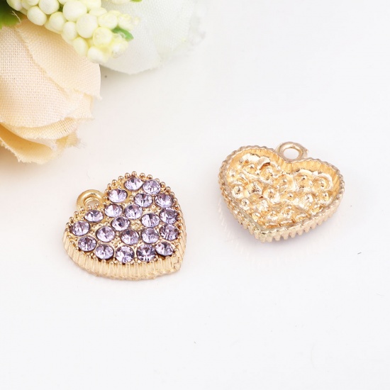 Picture of Zinc Based Alloy Charms Heart Gold Plated Purple Rhinestone 17mm x 17mm, 5 PCs