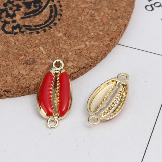 Picture of Zinc Based Alloy Connectors Shell Gold Plated Red Enamel 26mm x 12mm, 10 PCs