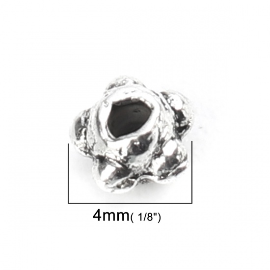 Bild von Zinklegierung Zwischenperlen Spacer Perlen Rund Antiksilber Geschnitzte Muster ca. 4mm D., Loch:ca. 1.1mm, 300 Stück