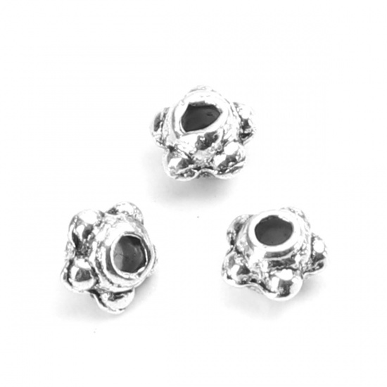 Picture of Zinc Based Alloy Spacer Beads Round Antique Silver Color Carved Pattern About 4mm Dia., Hole: Approx 1.1mm, 300 PCs