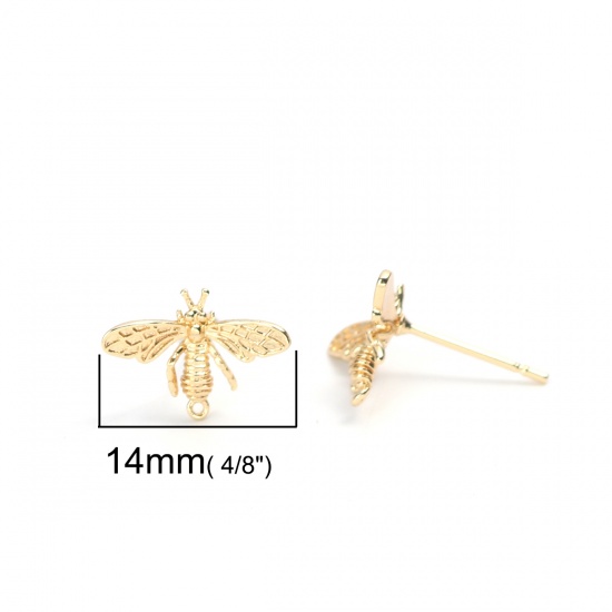 Picture of Brass Ear Post Stud Earrings 18K Real Gold Plated Dragonfly Animal W/ Loop 14mm x 10mm, Post/ Wire Size: (20 gauge), 4 PCs