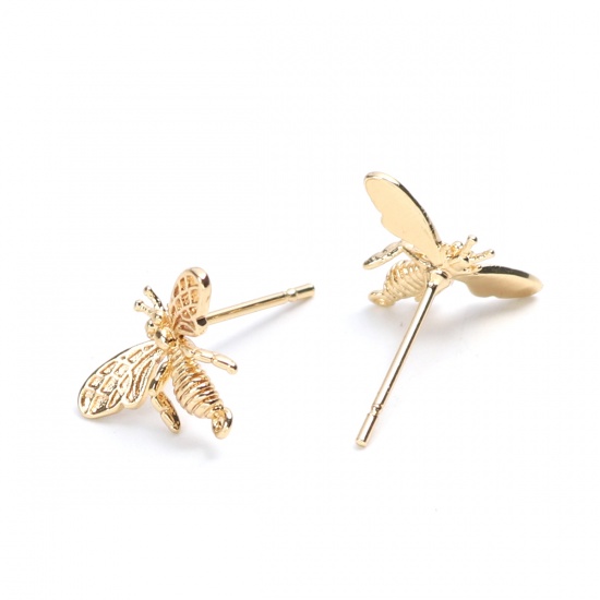 Picture of Brass Ear Post Stud Earrings 18K Real Gold Plated Dragonfly Animal W/ Loop 14mm x 10mm, Post/ Wire Size: (20 gauge), 4 PCs