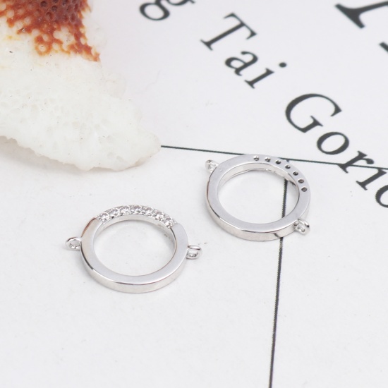 Picture of Brass Micro Pave Connectors Round 18K Real Platinum Plated Hollow Clear Rhinestone 14mm x 11mm, 2 PCs