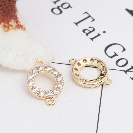 Picture of Copper Micro Pave Connectors Round 18K Real Gold Plated Hollow Clear Rhinestone 15mm x 10mm, 2 PCs