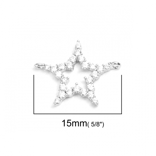 Picture of Copper Micro Pave Connectors Pentagram Star 18K Real Platinum Plated Hollow Clear Rhinestone 15mm x 12mm, 2 PCs