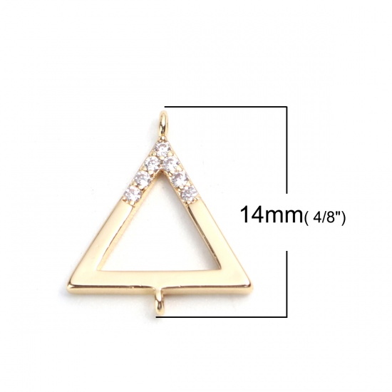 Picture of Brass Micro Pave Connectors Triangle 18K Real Gold Plated Hollow Clear Rhinestone 14mm x 12mm, 2 PCs