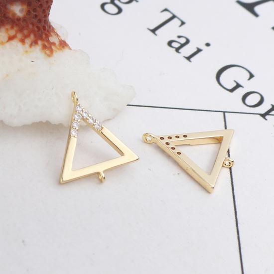 Picture of Brass Micro Pave Connectors Triangle 18K Real Gold Plated Hollow Clear Rhinestone 14mm x 12mm, 2 PCs