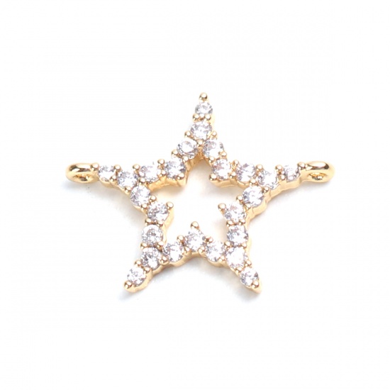 Picture of Brass Connectors Pentagram Star 18K Real Gold Plated Hollow Clear Rhinestone 15mm x 12mm, 2 PCs                                                                                                                                                               