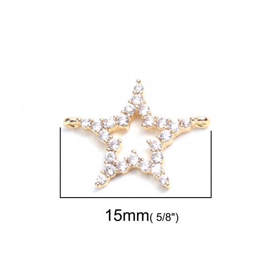 Picture of Brass Connectors Pentagram Star 18K Real Gold Plated Hollow Clear Rhinestone 15mm x 12mm, 2 PCs                                                                                                                                                               