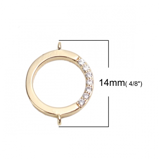 Picture of Brass Micro Pave Connectors Round 18K Real Gold Plated Hollow Clear Rhinestone 14mm x 11mm, 2 PCs