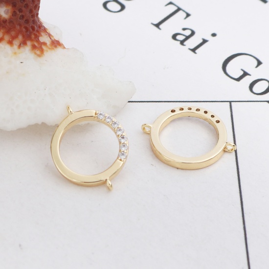 Picture of Brass Micro Pave Connectors Round 18K Real Gold Plated Hollow Clear Rhinestone 14mm x 11mm, 2 PCs