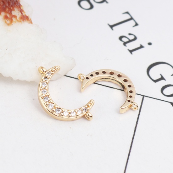 Picture of Brass Connectors Half Moon 18K Real Gold Plated Clear Rhinestone 14mm x 8mm, 2 PCs