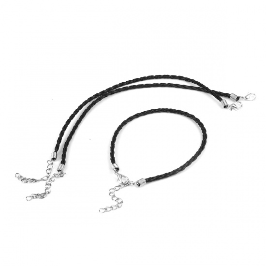 Picture of PU Braiding Braided Bracelets Accessories Findings Silver Tone Black 20cm - 21cm long, 10 PCs