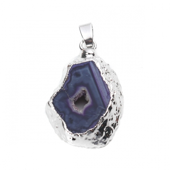 Picture of (Grade A) Agate ( Natural ) Pendants Irregular Silver Tone Purple Hollow 40mm x 23mm, 1 Piece