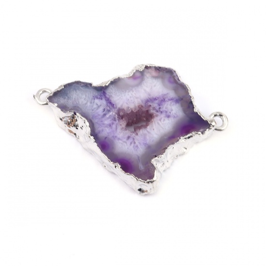 Picture of (Grade A) Agate ( Natural ) Connectors Irregular Silver Tone Purple Hollow 36mm x 26mm, 1 Piece