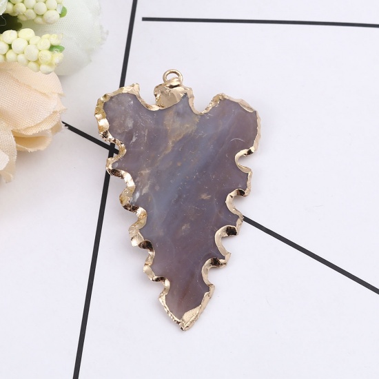 Picture of (Grade A) Agate ( Natural ) Pendants Leaf Gold Plated Coffee 54mm x 34mm, 1 Piece
