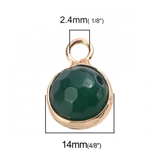 (グレードA) 瑪瑙 ( 天然 ) チャーム 円形 金メッキ 緑 ファセット・カット 14mm x 9mm、 1 個 の画像