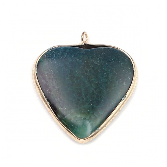Picture of (Grade A) Agate ( Natural ) Pendants Heart Gold Plated Dark Green 3.6cm x 3.3cm, 1 Piece
