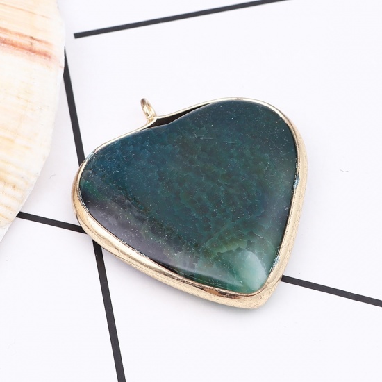 Picture of (Grade A) Agate ( Natural ) Pendants Heart Gold Plated Dark Green 3.6cm x 3.3cm, 1 Piece