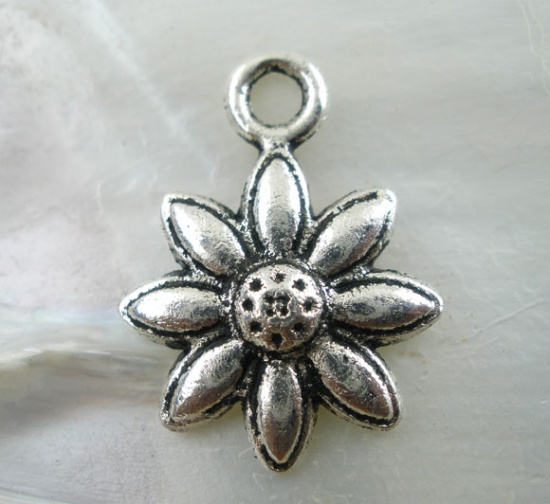 Picture of Zinc Based Alloy Charms Flower Antique Silver Color 20mm( 6/8") x 15mm( 5/8"), 60 PCs