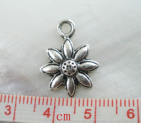 Picture of Zinc Based Alloy Charms Flower Antique Silver Color 20mm( 6/8") x 15mm( 5/8"), 60 PCs