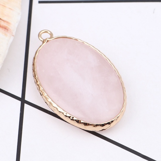 Picture of (Grade A) Crystal ( Natural ) Pendants Gold Plated Pink Oval 3.5cm x 2.2cm, 1 Piece