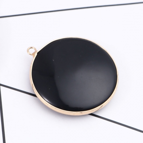 Picture of (Grade A) Agate ( Natural ) Pendants Round Gold Plated Black 4cm x 3.6cm, 1 Piece