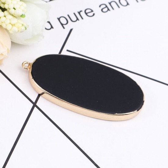 Picture of (Grade A) Agate ( Natural ) Pendants Oval Gold Plated Black 5.4cm x 2.6cm, 1 Piece