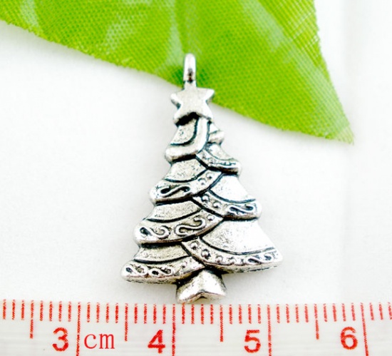 Picture of 20PCs Antique Silver Color Christmas Tree Pendants 29x17mm