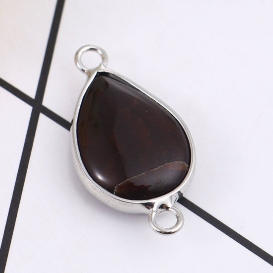 Picture of (Grade A) Agate ( Natural ) Connectors Drop Silver Tone Dark Coffee 27mm x 14mm, 1 Piece