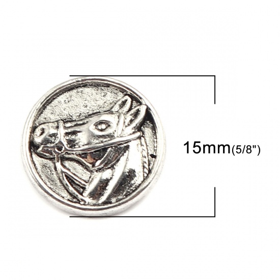 Picture of Zinc Based Alloy Sewing Shank Buttons Round Antique Silver Color Horse Carved 15mm Dia., 50 PCs