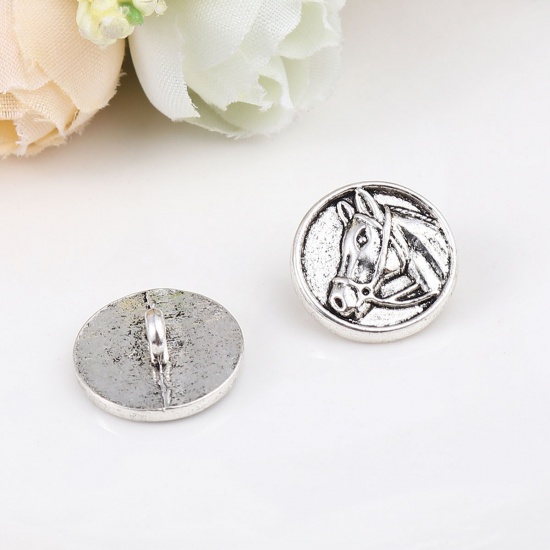 Picture of Zinc Based Alloy Sewing Shank Buttons Round Antique Silver Color Horse Carved 15mm Dia., 50 PCs