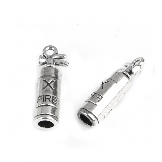 Picture of Zinc Based Alloy Charms Fire Extinguisher Antique Silver Message " FIRE " 23mm x 8mm, 30 PCs