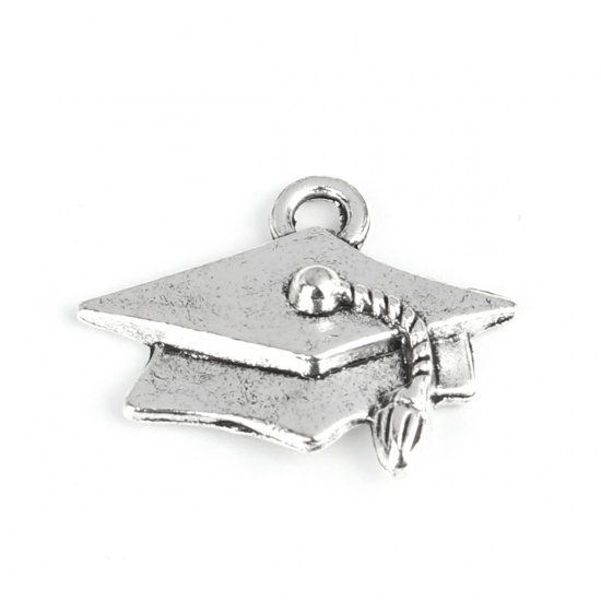 Picture of Zinc Based Alloy College Jewelry Charms Antique Silver Color Trencher Cap 25mm x 20mm, 20 PCs
