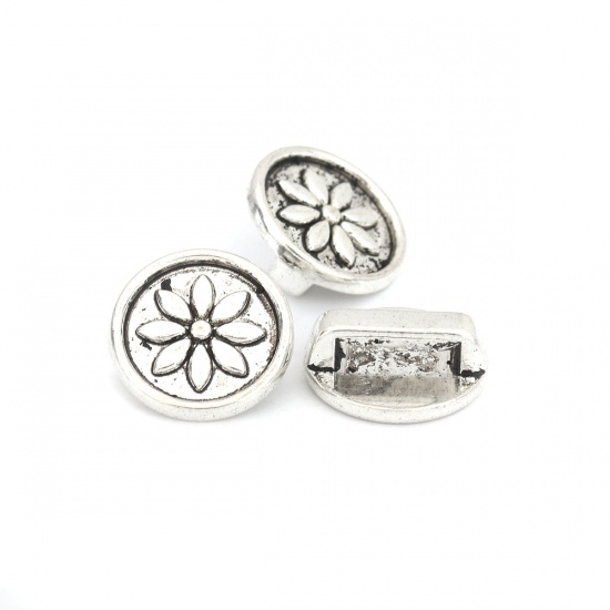 Picture of Zinc Based Alloy Slide Beads Round Carved Pattern Antique Silver About 15mm Dia, Hole:Approx 10.2mm x 2.4mm 40 PCs
