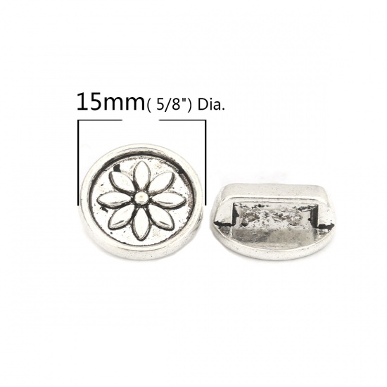 Picture of Zinc Based Alloy Slide Beads Round Carved Pattern Antique Silver About 15mm Dia, Hole:Approx 10.2mm x 2.4mm 40 PCs