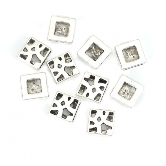 Picture of Zinc Based Alloy Slide Beads Square Filigree Antique Silver About 13mm x 13mm, Hole:Approx 10.4mm x 2.1mm 40 PCs