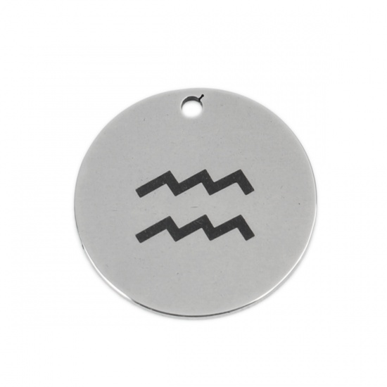 Picture of Stainless Steel Charms Round Silver Tone Aquarius Sign Of Zodiac Constellations 20mm Dia., 5 PCs
