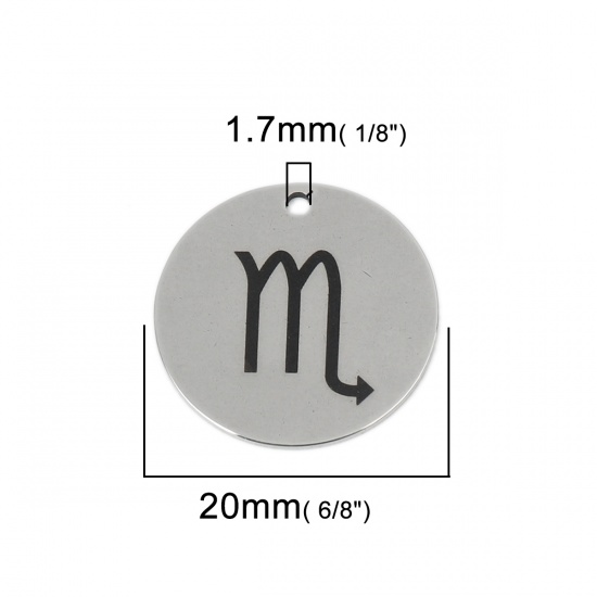 ステンレス鋼 チャーム 円形 シルバートーン 星座・さそり座 20mm 直径、 5 個 の画像