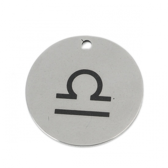 Picture of Stainless Steel Charms Round Silver Tone Libra Sign Of Zodiac Constellations 20mm Dia., 5 PCs