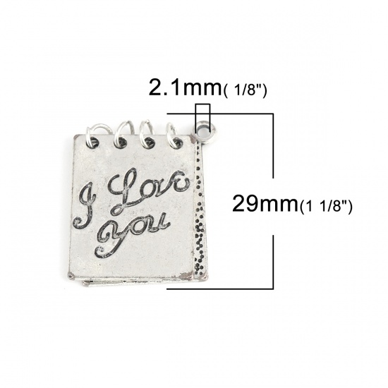 Picture of Zinc Based Alloy College Jewelry Charms Notebook Antique Silver Color Message " I Love you " Can Open 29mm x 23mm, 2 PCs