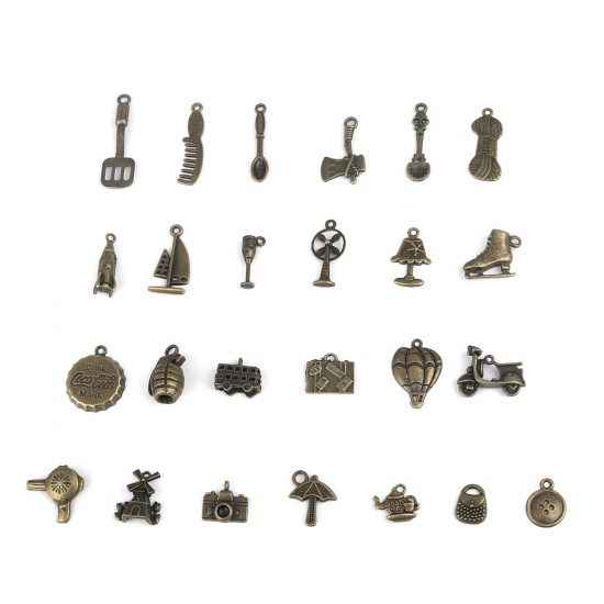 Image de Breloques en Alliage de Zinc Mixte Bronze Antique Nécessités Quotidiennes 24mm x 21mm - 12mm x 10mm, 1 Kit ( 25 Pcs/Kit)