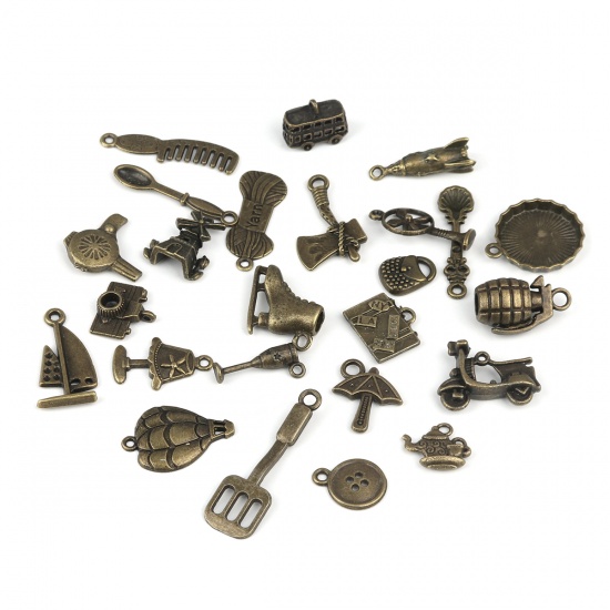 Image de Breloques en Alliage de Zinc Mixte Bronze Antique Nécessités Quotidiennes 24mm x 21mm - 12mm x 10mm, 1 Kit ( 25 Pcs/Kit)