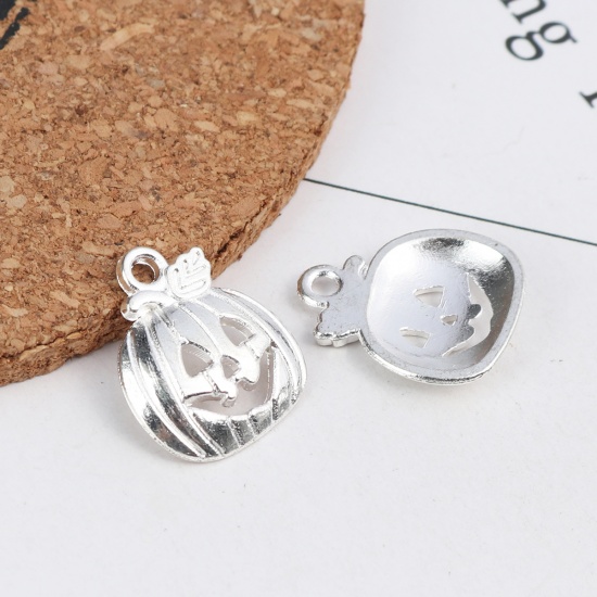Picture of Zinc Based Alloy Halloween Charms Pumpkin Silver Plated Hollow 18mm x 16mm, 50 PCs