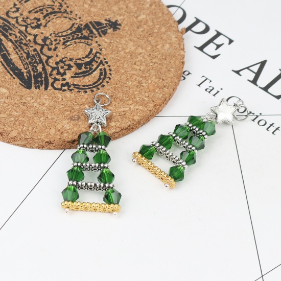 Picture of Zinc Based Alloy & Glass Christmas Pendants Triangle Silver Tone Green Star 5.2cm x 2cm, 1 Pair