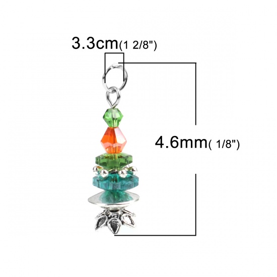 Picture of Zinc Based Alloy & Glass Christmas Pendants Tree Antique Silver Color Multicolor 3.3cm x 1.1cm, 1 Pair